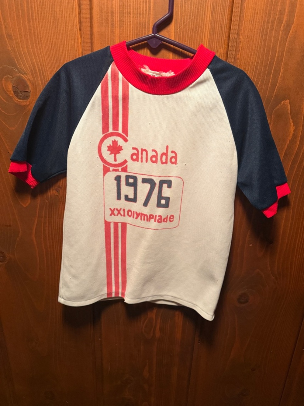 Canada 1976 Olympics Raglan Kids Short-Sleeve Tee in White, Navy & Red